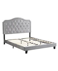 Streamdale Furniture Queen Upholstered Bed with Tufted Curve Design, Led Platform, Strong Wood Slats, Easy Setup - Light Grey Velvet