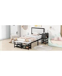Streamdale Furniture Twin size Metal Platform Bed with Two-Tier Storage Shelves, Wooden Storage Cabinet