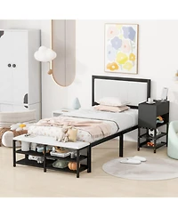 Streamdale Furniture Twin size Metal Platform Bed with Two-Tier Storage Shelves, Wooden Storage Cabinet