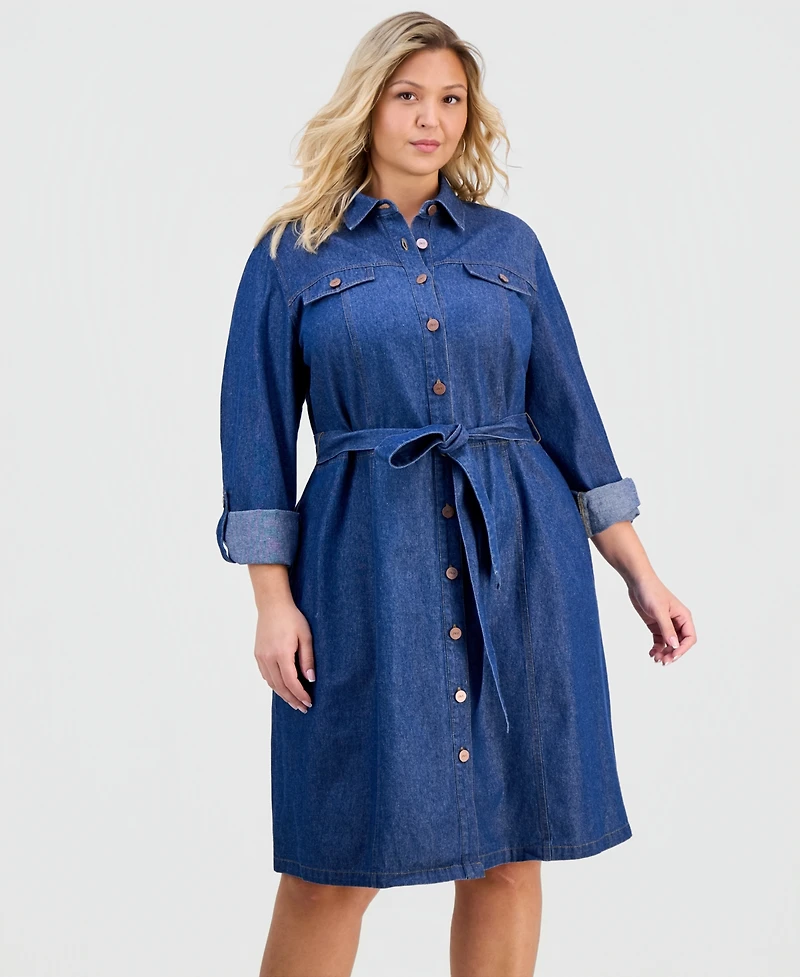 Jones New York Plus Cotton Tie-Waist Chambray Dress