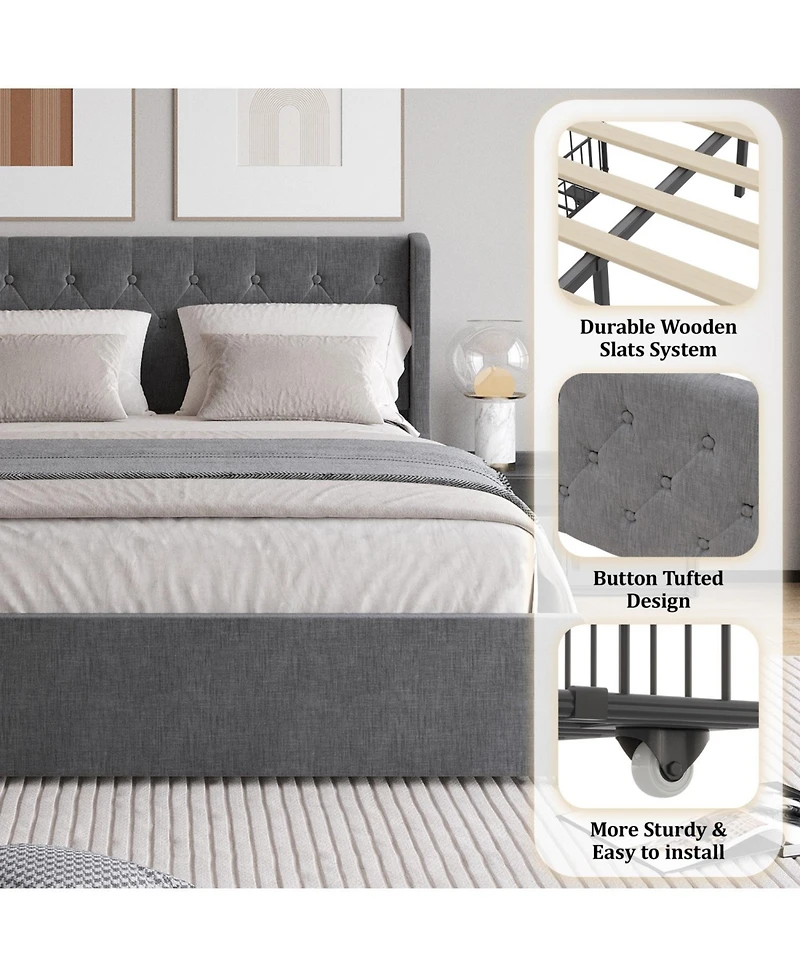 Streamdale Furniture Queen Size Bed Frame with 4 Storage Drawers and Wingback Headboard, Button Tufted Design