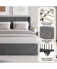 Streamdale Furniture Queen Size Bed Frame with 4 Storage Drawers and Wingback Headboard, Button Tufted Design