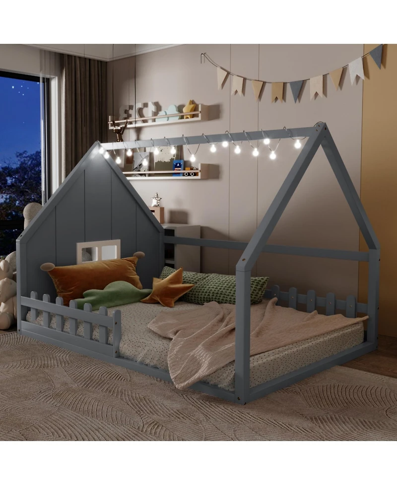 Streamdale Furniture Full Wood House Bed with Window and Fence.