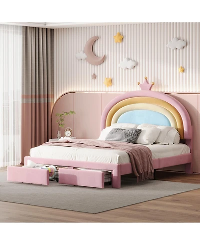 Streamdale Furniture Princess Bed with Storage Drawer, Velvet Rainbow Upholstered Platform Bed