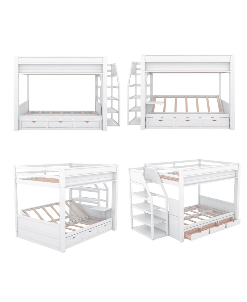 Streamdale Furniture Wood Full Convertible Bunk Bed with Storage Staircase, Bedside Table, and 3 Drawers, White