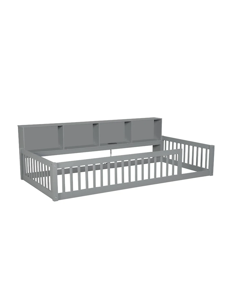 Streamdale Furniture Wood Twin Xl Floor Bed with Storage Cabinets and Usb Ports