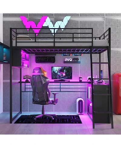 Streamdale Furniture Full Size Metal Loft Bed with Led Desk and 4 Storage Shelves Black