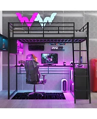 Streamdale Furniture Full Size Metal Loft Bed with Led Desk and 4 Storage Shelves Black