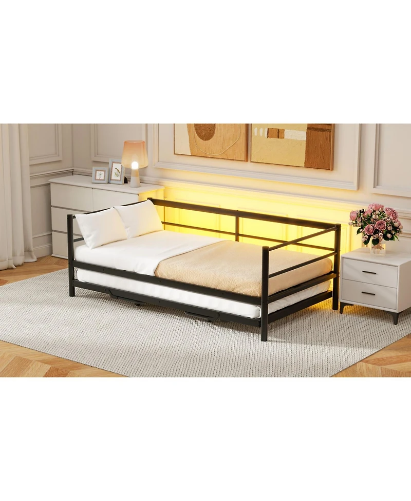 Streamdale Furniture Twin Size Metal Daybed with Led and Adjustable Trundle Pop Up Trundle
