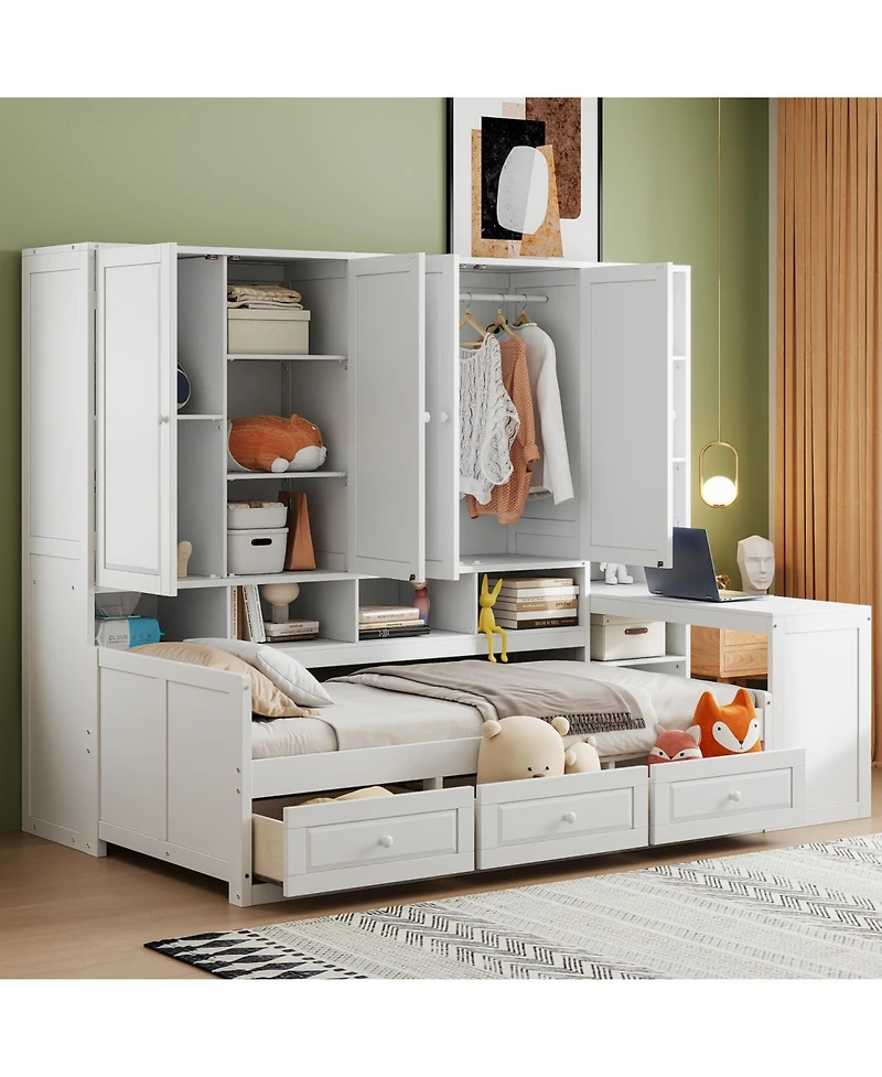 Streamdale Furniture Twin Wood Daybed with Drawers, Desk & Shelves