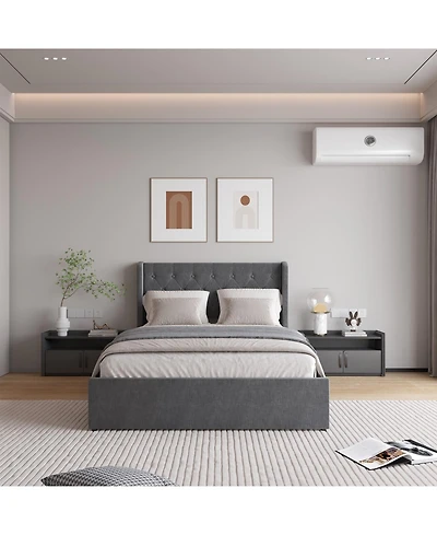 Streamdale Furniture Dark Grey Button Tufted Wingback Bed Frame with 4 Drawers