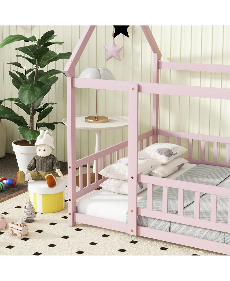 Streamdale Furniture Full Size House Floor Wooden Bed with Roof Frame Safety Guardrails