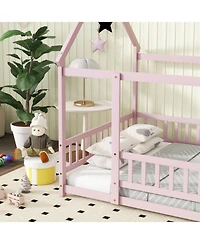 Streamdale Furniture Full Size House Floor Wooden Bed with Roof Frame Safety Guardrails