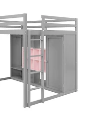 Streamdale Furniture Full Size Wood Loft Bed with Wardrobe, shelves and Cabinet, Gray+Pink