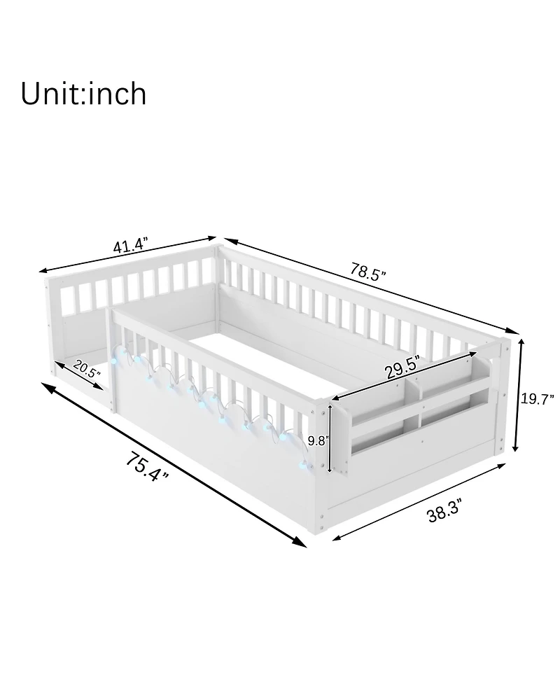 Streamdale Furniture Twin Montessori Floor Bed with Rails, Shelf, Light