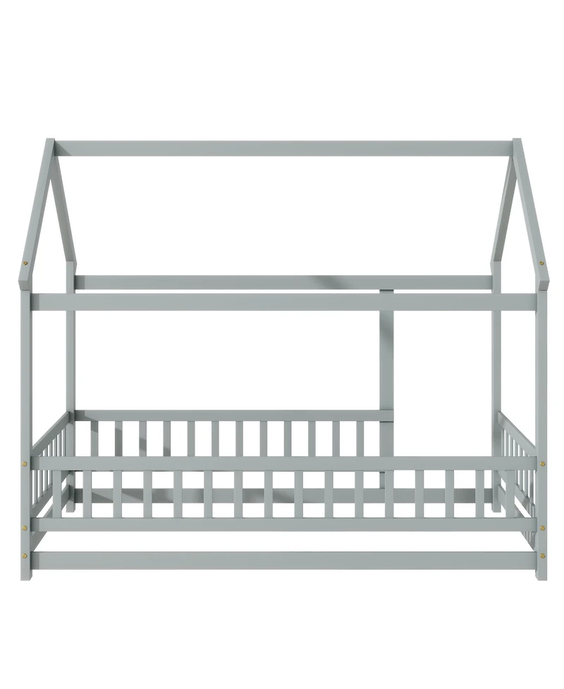 Streamdale Twin Size House Floor Wooden Bed with Roof Frame, Safety Guardrails, Grey
