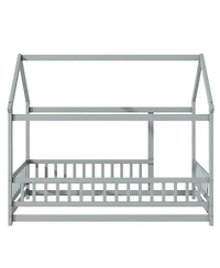 Streamdale Twin Size House Floor Wooden Bed with Roof Frame, Safety Guardrails, Grey