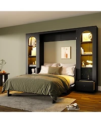 Streamdale Furniture Streamdale Queen Size Murphy Platform Bed with Shelf, Side Cabinets, Drawers and Led, Black