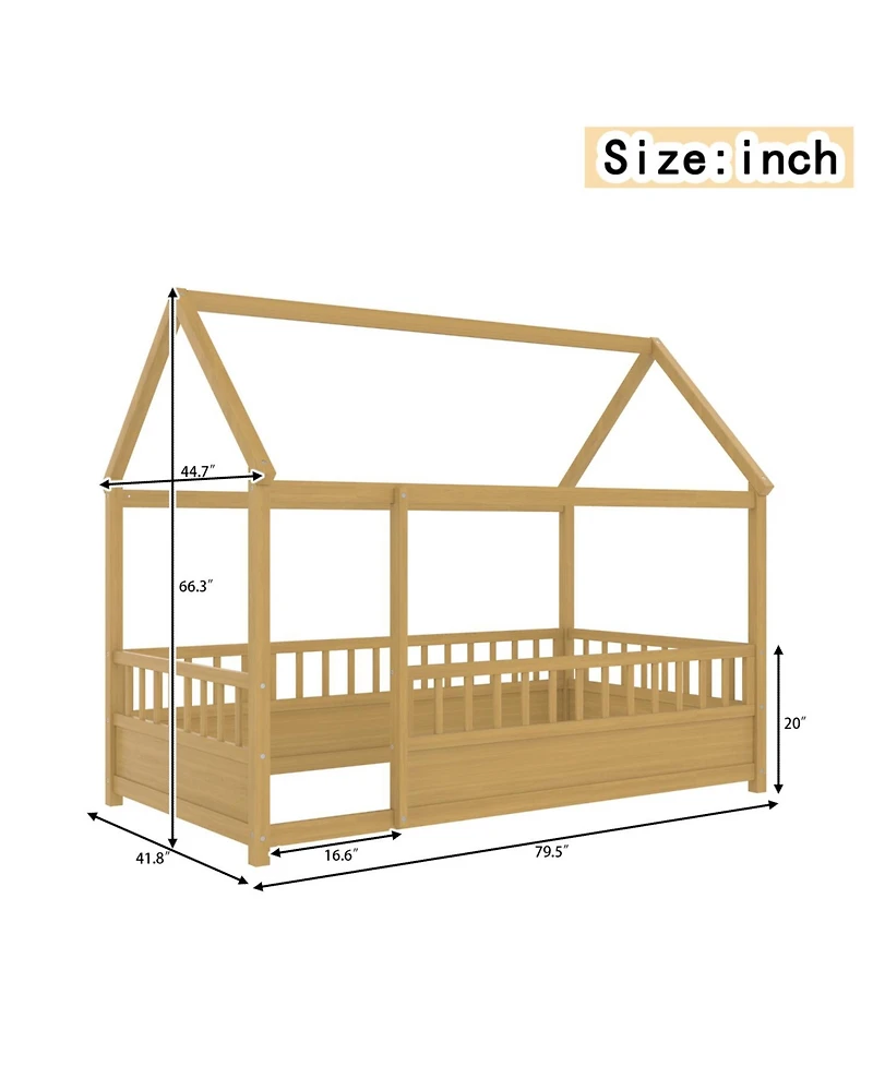 Streamdale Furniture Twin Floor Bed with House Roof & Fence.