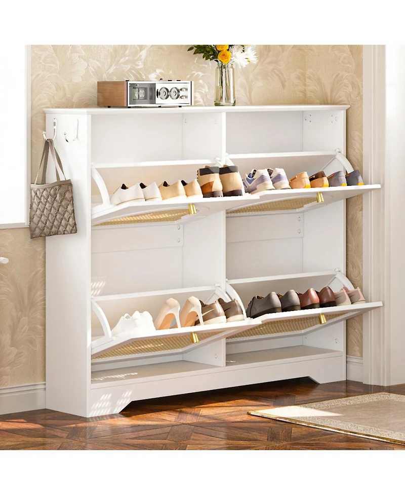 Streamdale Furniture Streamdale Mid-Century Narrow Shoe Cabinet - 4 Flip Drawers, Rattan Doors, Hooks