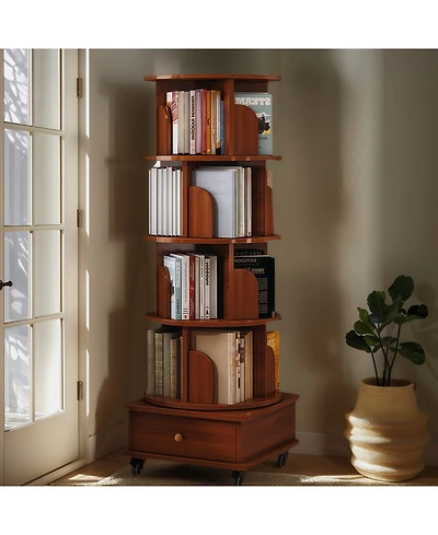 Streamdale Furniture Rotating 5-Tier Corner Bookshelf with Drawer (Walnut)
