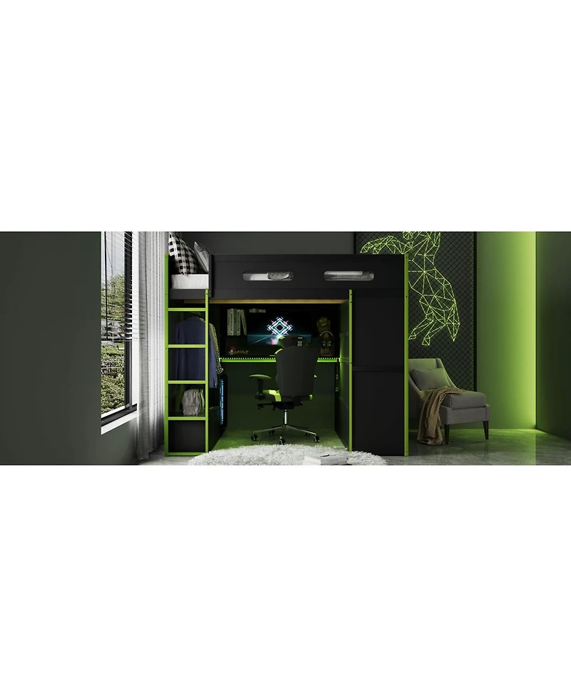Streamdale Furniture Loft Bed with Desk, Wardrobe & Rgb Led