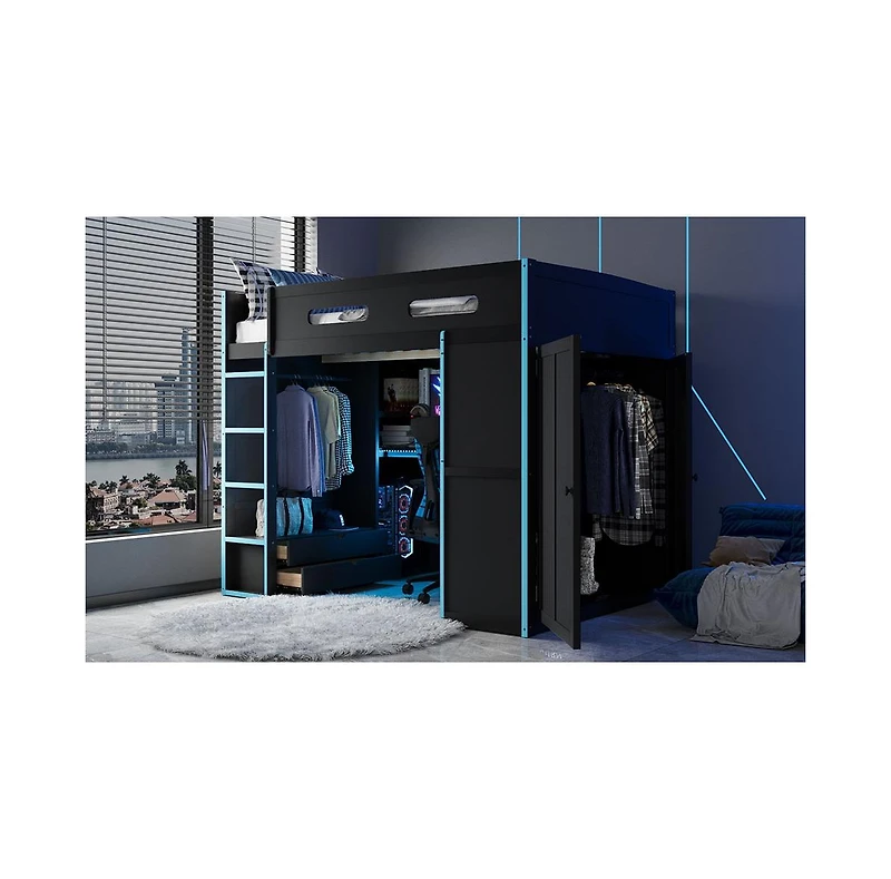 Streamdale Furniture Loft Bed with Desk, Wardrobe, Storage & Rgb Led