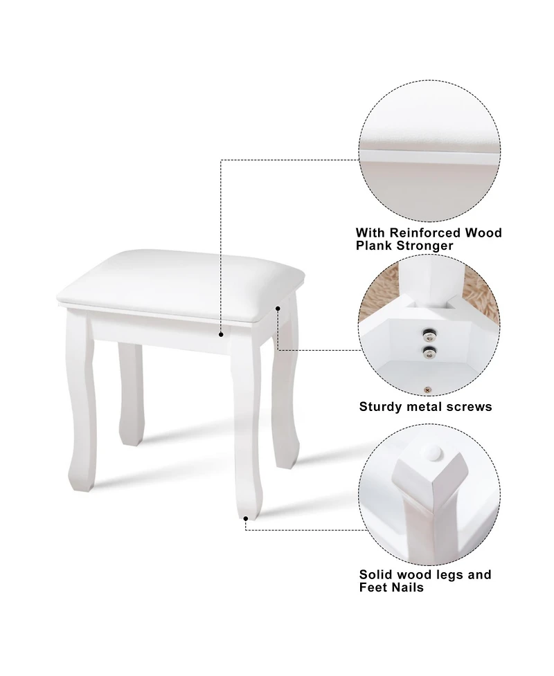 Streamdale Furniture White Vanity Stool Padded Makeup Chair Bench with Solid Wood Legs