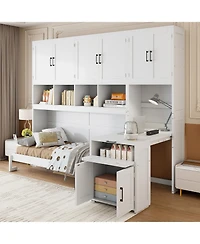 Streamdale Furniture Twin Size Murphy Bed Wall Bed with Closet , Drawers & Desk-White
