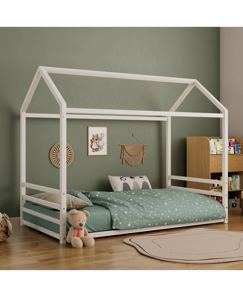 Streamdale Furniture Montessori Metal Floor Bed Frame, House Bed with Guardrails, Kids/Toddlers.