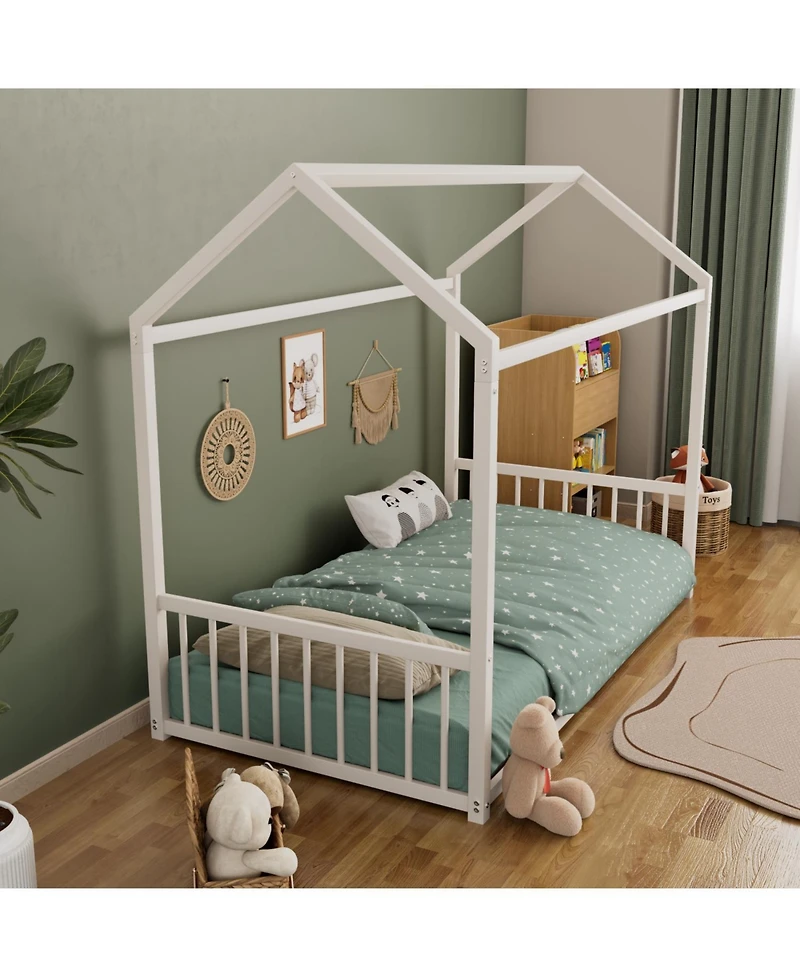 Streamdale Furniture Streamdale Twin Montessori Metal Floor Bed Frame, House Bed, Safety Rails, Easy Assemble, Black