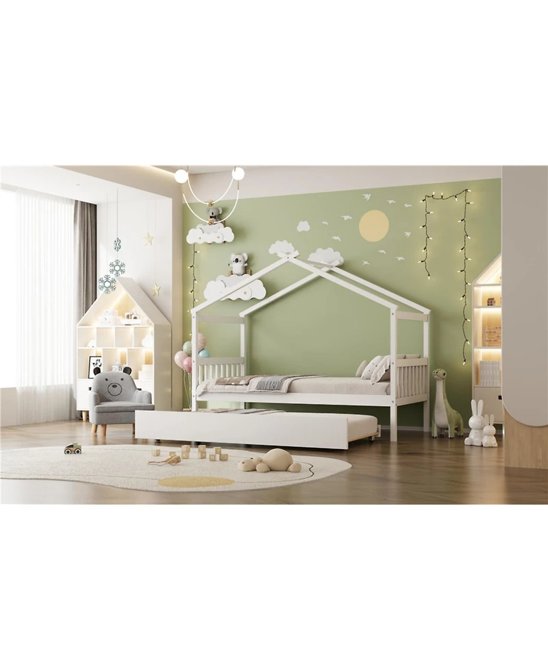 Streamdale Twin Wooden House Bed with Trundle, Gray