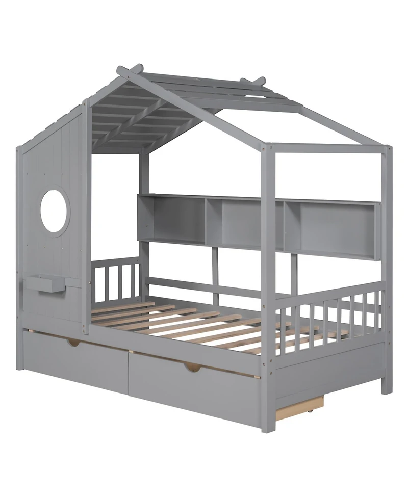 Streamdale Furniture Wooden Twin House Bed with 2 Drawers & Storage Shelf, Gray