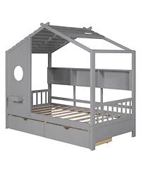 Streamdale Furniture Wooden Twin House Bed with 2 Drawers & Storage Shelf, Gray