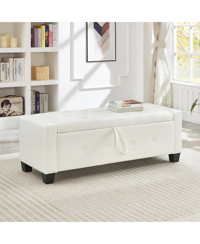 Streamdale Furniture 48" Storage Ottoman Bench - Tufted Faux Leather - Ivory White