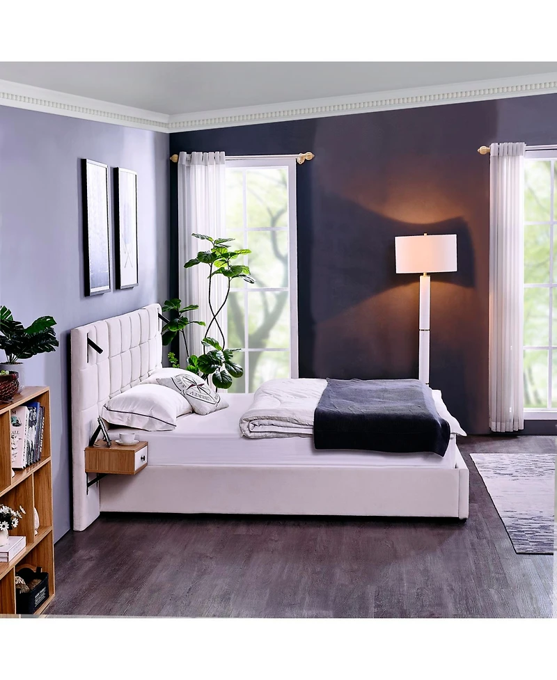 Streamdale Furniture King Beige Velvet Storage Bed with Shelves, Lamps & Usb