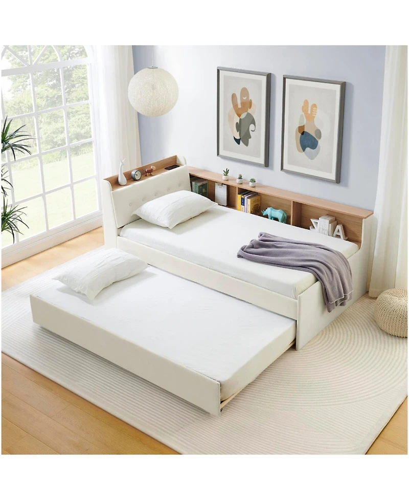 Streamdale Furniture Twin Velvet Daybed with Storage, Trundle, & Led - Beige
