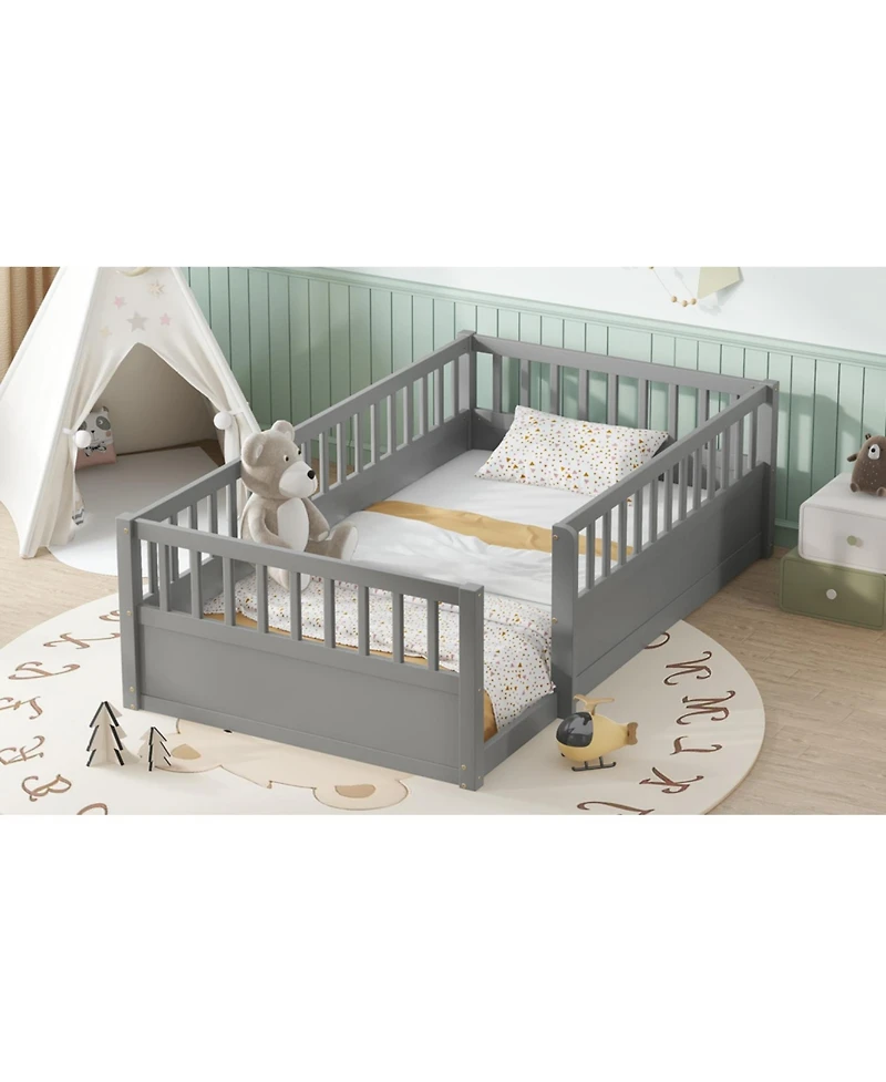 Streamdale Furniture Twin Floor Bed Frame with Fence