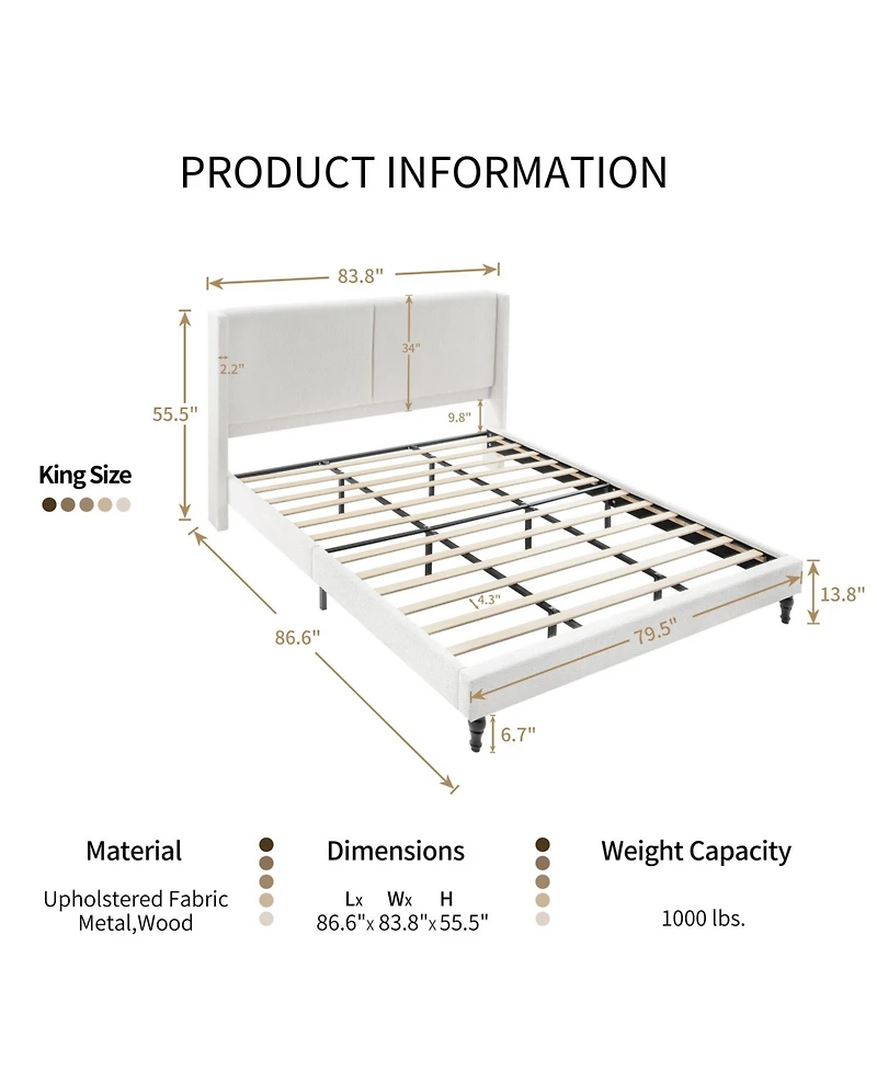 Streamdale Furniture King Size Bed Frame, Boucle Upholstered Headboard, Wood Feet