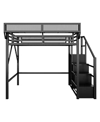Streamdale Furniture Full Size Metal Loft Bed with Stairs, Storage & Wardrobe - Black