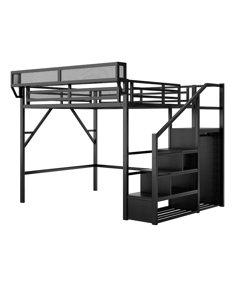 Streamdale Furniture Streamdale Queen Loft Bed with Stairs, Metal Frame, Storage Shelves & Wardrobe