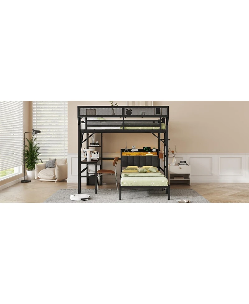 Streamdale Furniture Full/Twin Metal Bunk Bed w/ Desk, Shelves, Led & Charge