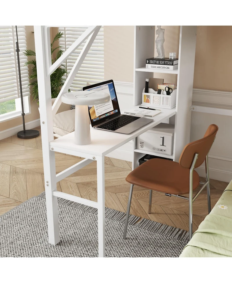 Streamdale Furniture Full/Twin Metal Bunk Bed w/ Desk, Bookshelves, Led, Charge - White