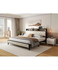 Streamdale Furniture King Upholstered Platform Bed Frame with Charging Station