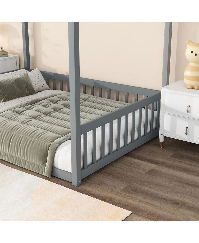 Streamdale Furniture Full Size Canopy Frame Rubber Wood Floor Bed with Fence,Guardrails