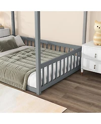 Streamdale Furniture Full Size Canopy Frame Rubber Wood Floor Bed with Fence,Guardrails
