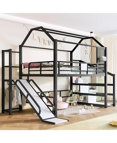 Streamdale Furniture Full House Loft Bed with Slide, Stairs, Storage, Black