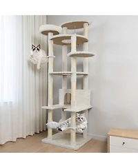 Aostirmotor 78" Beige Cat Tree Tower with Large Condo, Sisal Scratching Post & Hammock