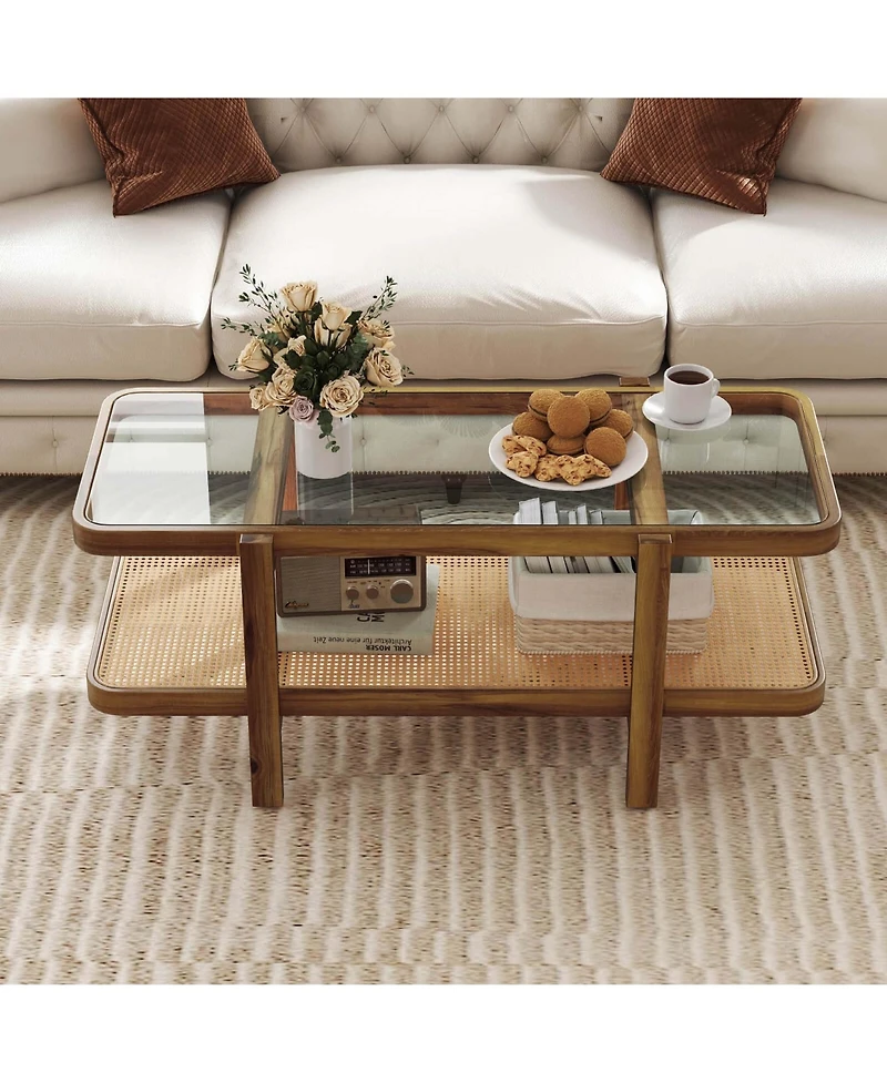 Costway 2-Tier Rustic Coffee Table with Storage Tempered Glass Tabletop Pe Rattan Shelf