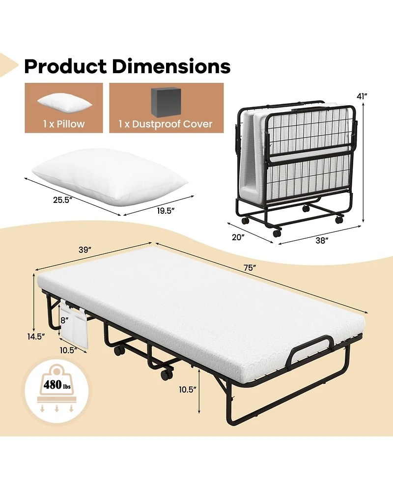 Costway Folding Bed with Memory Foam Mattress & Pillow Dust Cover Metal Frame